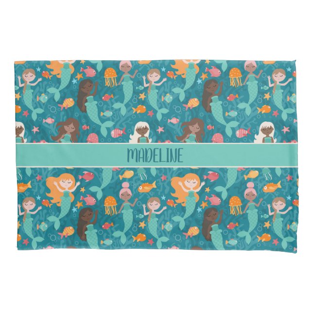 Whimsical Mermaids Under The Sea Teal Pillow Case (Front)