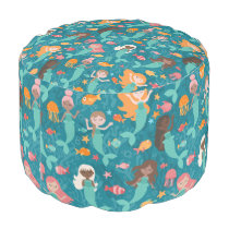 Whimsical Mermaids Under The Sea Teal Pouf