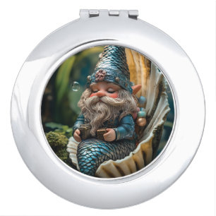 Whimsical Merman Gnome Figurine in Seashell - Unde Compact Mirror