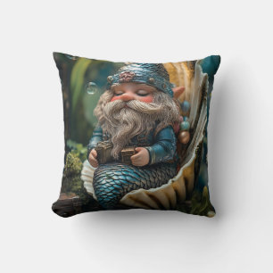 Whimsical Merman Gnome Figurine in Seashell - Unde Throw Pillow
