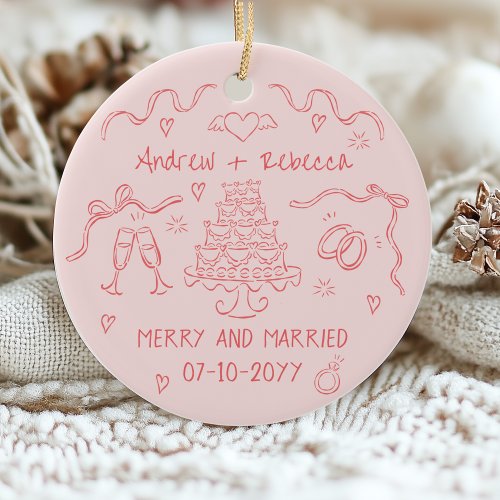 Whimsical merry and married handdrawn bow doodle ceramic ornament