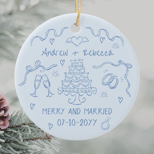 Whimsical merry and married handdrawn bow doodle ceramic ornament