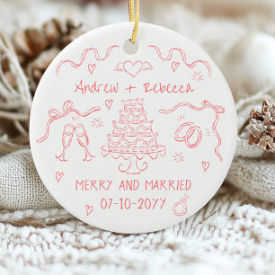 Whimsical merry and married handdrawn bow doodle ceramic ornament