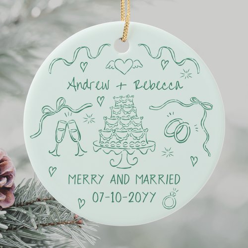 Whimsical merry and married handdrawn bow doodle ceramic ornament