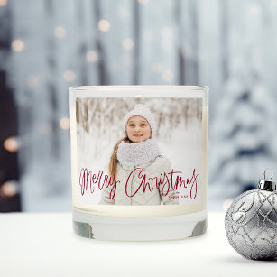 Whimsical Merry Christmas Burgundy Script 2 Photo Scented Candle