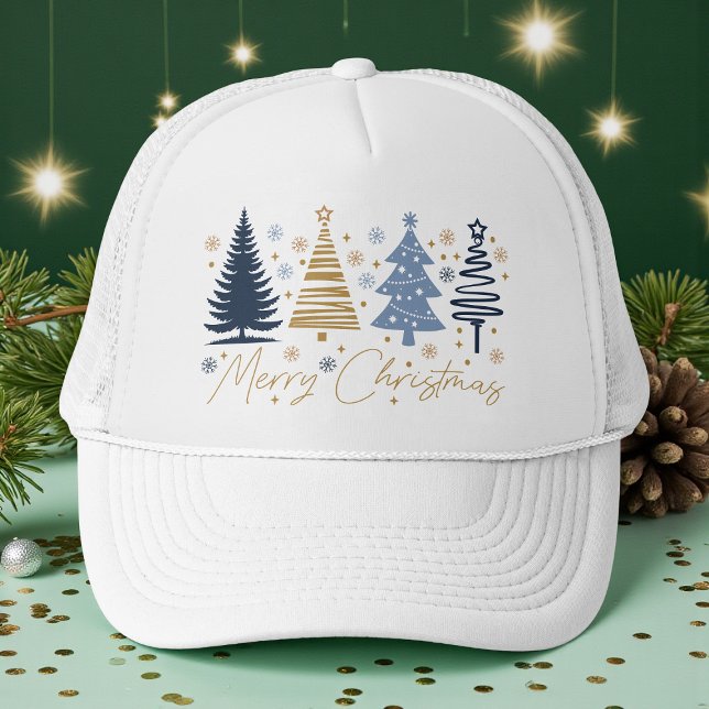 Whimsical Merry Christmas Festive Trees Blue Gold Trucker Hat (Creator Uploaded)