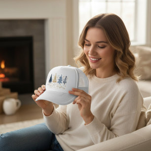 Whimsical Merry Christmas Festive Trees Blue Gold Trucker Hat