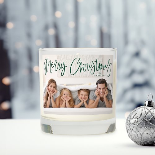Whimsical Merry Christmas Green Script 2 Photo Scented Candle