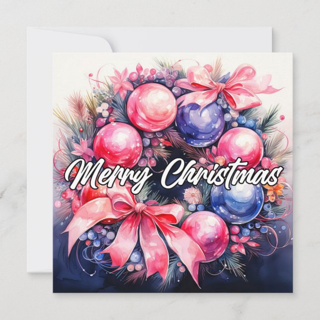 Whimsical Merry Christmas Holiday Wreath Card (Front)