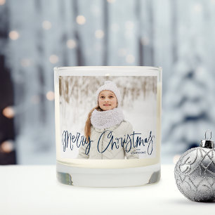 Whimsical Merry Christmas Navy Script 2 Photo Scented Candle