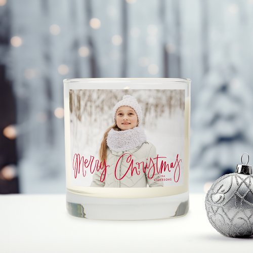 Whimsical Merry Christmas Red Script 2 Photo Scented Candle