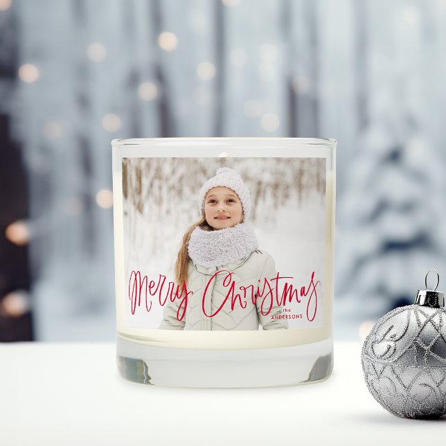Whimsical Merry Christmas Red Script 2 Photo Scented Candle (Creator Uploaded)