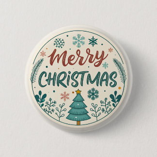 Whimsical Merry Christmas Round Sticker with Tree  Button