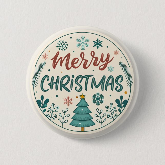 Whimsical Merry Christmas Round Sticker with Tree  Button (Front)