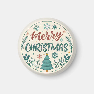 Whimsical Merry Christmas Round Sticker with Tree  Magnet