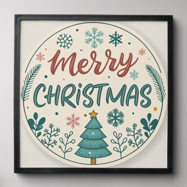 Whimsical Merry Christmas Round Sticker with Tree  Peel And Stick Photo Tile (Front Set)