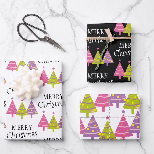 Whimsical Merry Christmas Trees Wrapping Paper Sheets (Front)