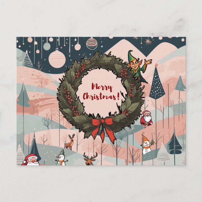 Whimsical Merry Christmas with Festive Wreath Postcard (Front)
