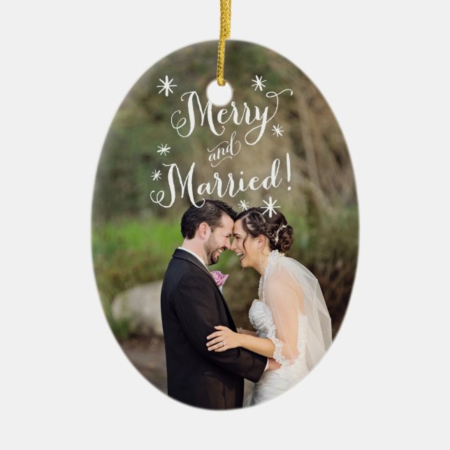Whimsical Merry & Married First Christmas Photo Ceramic Ornament (Front)