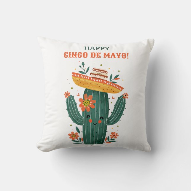 Whimsical Mexican Cactus Happy Cinco de Mayo Throw Pillow (Front)