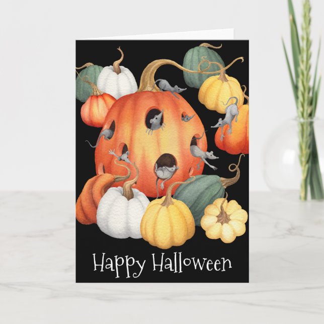 Whimsical Mice and Pumpkins Halloween Card (Front)