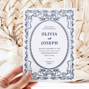 Whimsical Midnight Blue Hand Drawn Frame Wedding Letterpress Invitation