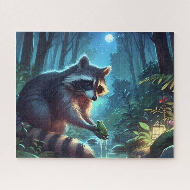 Whimsical Midnight Raccoon and Frog Forest River Jigsaw Puzzle (Horizontal)