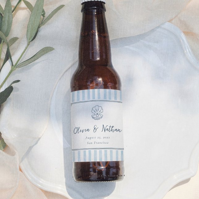 Whimsical Minimal Retro Blue Stripes Wedding Beer Bottle Label (Creator Uploaded)