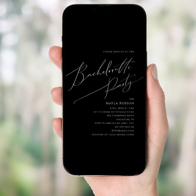 Whimsical Minimal Script Black Bachelorette Party Invitation (Front Digital)