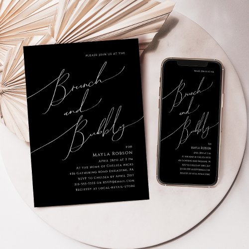 Whimsical Minimal Script  Black Brunch and Bubbly Invitation