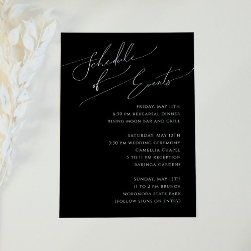 Whimsical Minimal Script Black Schedule of Events Enclosure Card