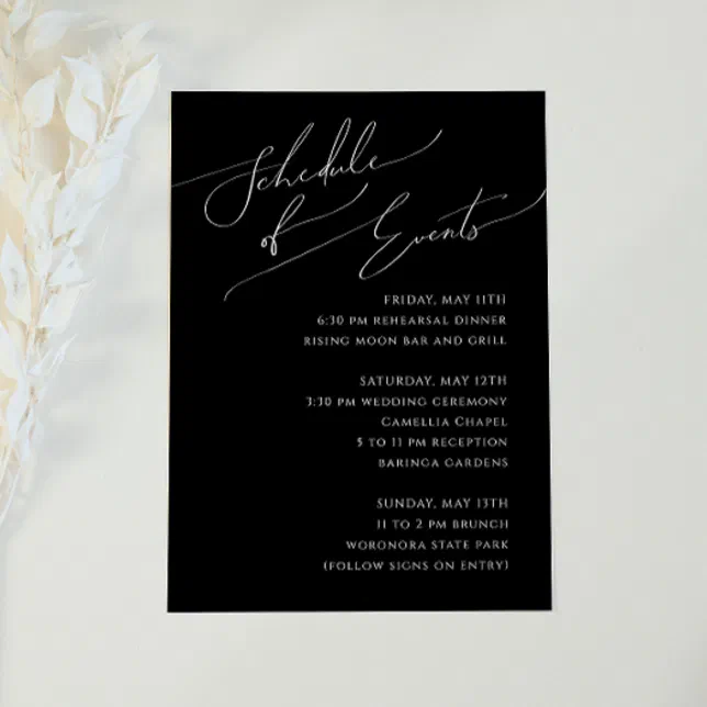 Whimsical Minimal Script Black Schedule of Events Enclosure Card | Zazzle