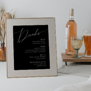 Whimsical Minimal Script Black Wedding Drinks Menu Poster