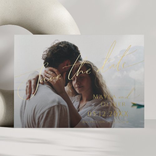 Whimsical Minimal Script Faded Photo Save The Date Foil Invitation