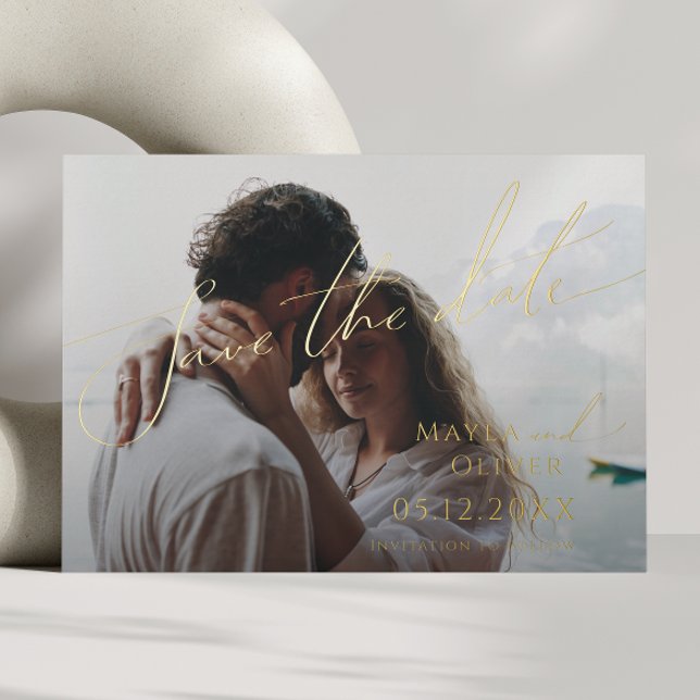 Whimsical Minimal Script Faded Photo Save The Date Foil Invitation (Creator Uploaded)