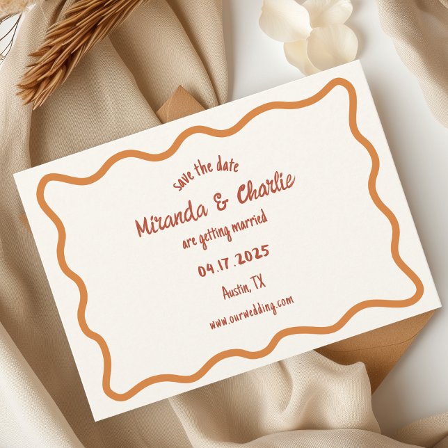 Whimsical Minimal Wavy Border Handwritten 70s  Save The Date (Creator Uploaded)