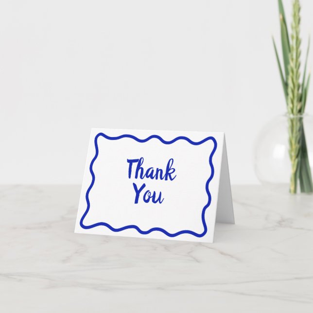 Whimsical Minimal Wavy Border Handwritten Blue Thank You Card (Front)