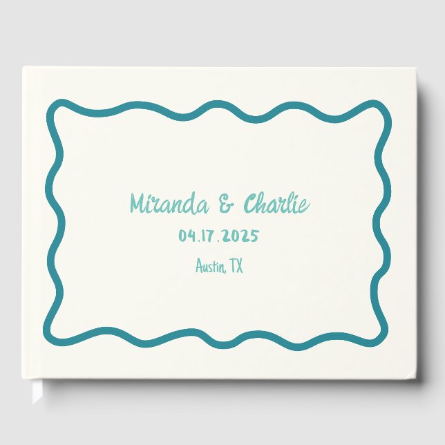Whimsical Minimal Wavy Border Handwritten Teal Guest Book (Front)