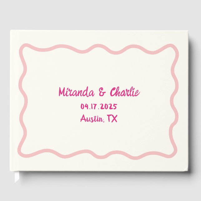 Whimsical Minimal Wavy Sweet Border Pink Wedding Guest Book (Front)