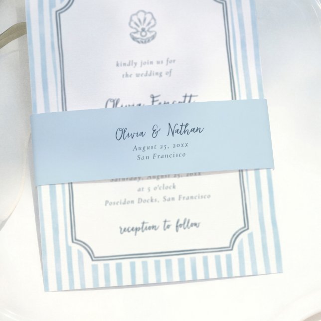Whimsical Minimalist Blue Calligraphy Wedding Invitation Belly Band (Creator Uploaded)