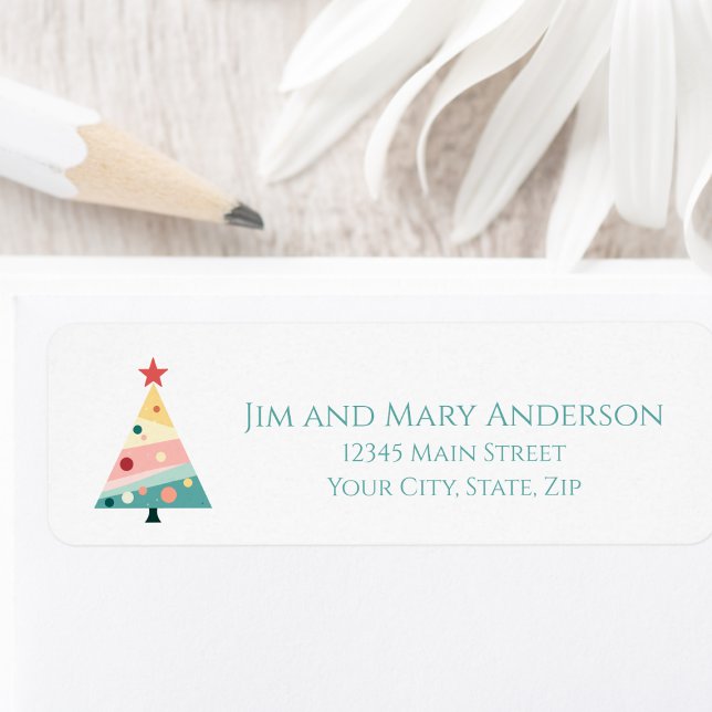 Whimsical Minimalist Christmas Tree Holiday Label (Pastel color polka dot Christmas tree return address label)