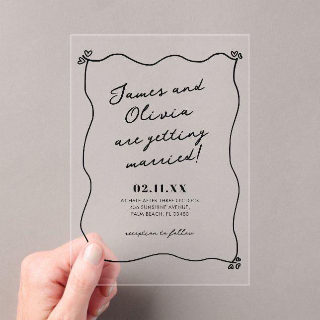 Whimsical Minimalist Hand Drawn Wedding Acrylic Invitations (Insitu (Handheld))