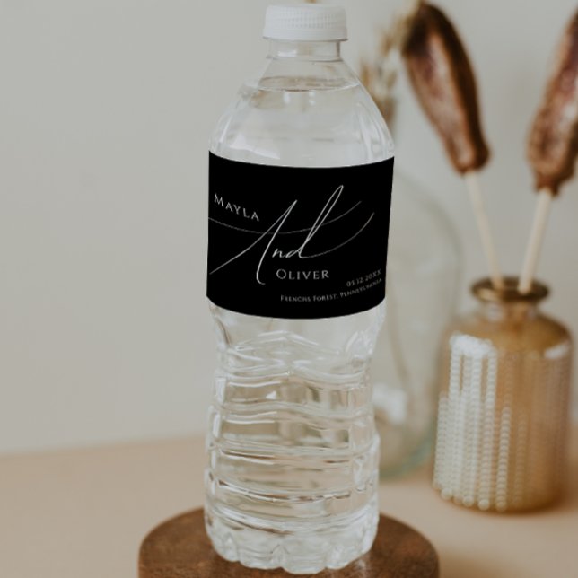 Whimsical Minimalist Script | Black Water Bottle Label (Creator Uploaded)