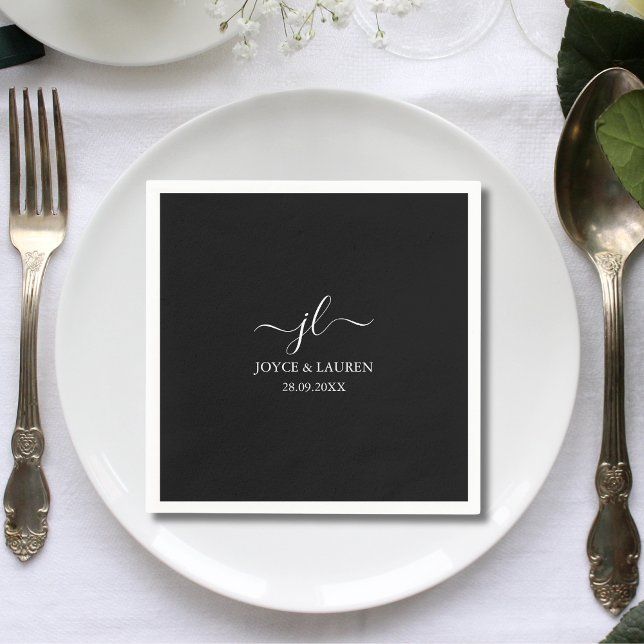 Whimsical Minimalist Script Black Wedding Cocktail Napkins (Creator Uploaded)