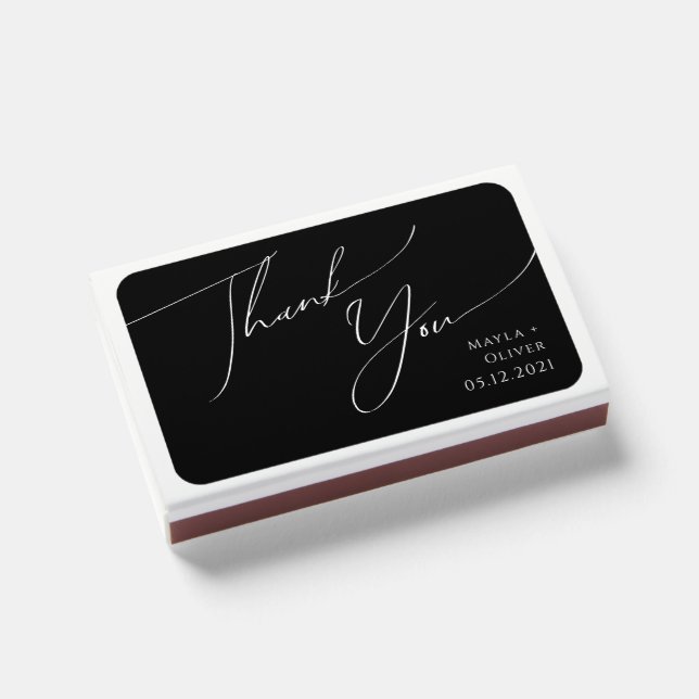 Whimsical Minimalist Script | Black Wedding Favor Matchboxes (Front Closed)