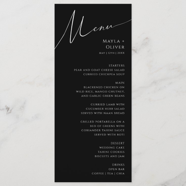 Whimsical Minimalist Script Black Wedding Menu Zazzle