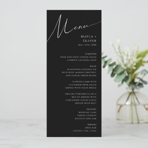 Whimsical Minimalist Script Black Wedding Menu Zazzle