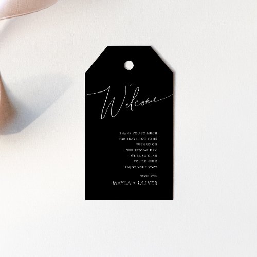 Whimsical Minimalist Script Black Wedding Welcome Gift Tags