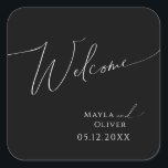 Whimsical Minimalist Script Black Wedding Welcome Square Sticker<br><div class="desc">This whimsical minimalist script black wedding welcome square sticker is perfect for your classic simple black and white minimal modern boho wedding. The design features elegant, delicate, and romantic handwritten calligraphy lettering with formal shabby chic typography. The look will go well with any wedding season: spring, summer, fall, or winter!...</div>