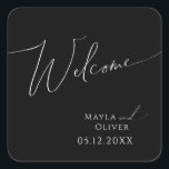 Whimsical Minimalist Script Black Wedding Welcome Square Sticker<br><div class="desc">This whimsical minimalist script black wedding welcome square sticker is perfect for your classic simple black and white minimal modern boho wedding. The design features elegant, delicate, and romantic handwritten calligraphy lettering with formal shabby chic typography. The look will go well with any wedding season: spring, summer, fall, or winter!...</div>